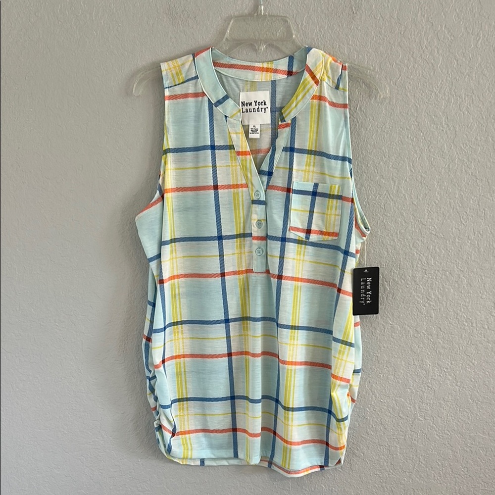 New York Laundry Blue and Yellow Ruched Blouse with Mandarin Collar